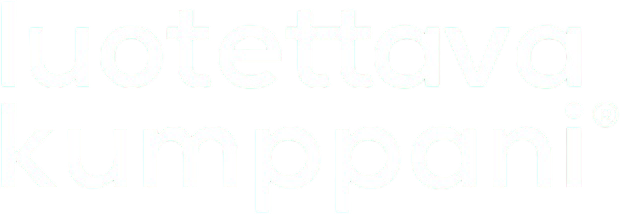 Valkoinen teksti mustalla taustalla, jossa lukee kahdella rivillä: "luotettava kumppani". Ylärivillä on "luotettava" ja alarivillä "kumppani", jonka i-kirjaimen vieressä on rekisteröidyn tavaramerkin symboli.